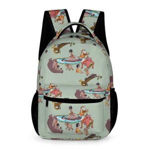 May include: A light green backpack with a repeating cartoon pattern of characters from a popular animated film. It has black mesh side pockets, black shoulder straps, and a black zipped pocket.