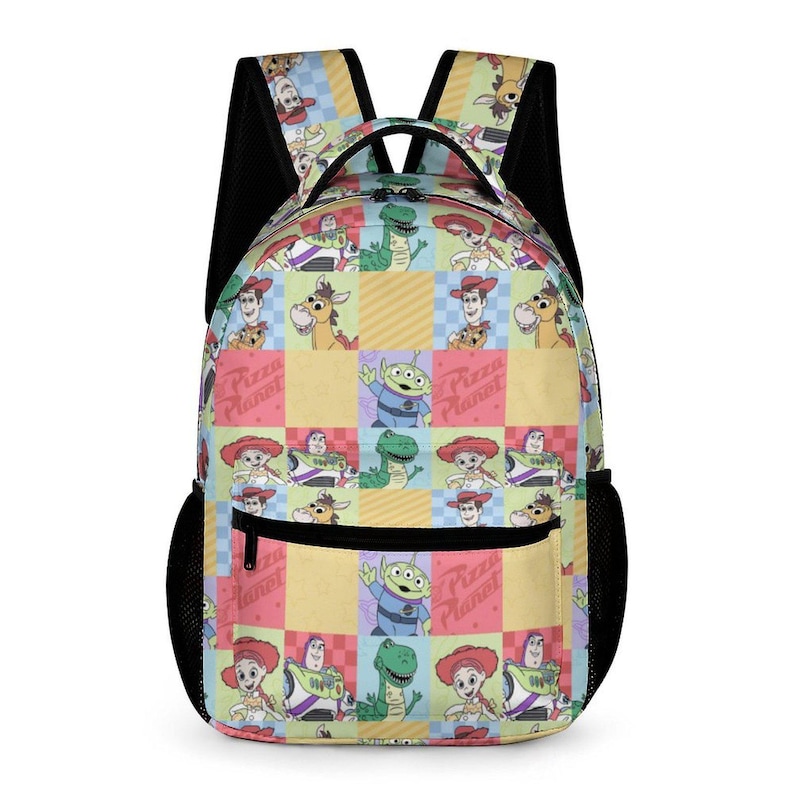 May include: A colorful backpack featuring a patchwork design with various Toy Story characters. The backpack has black mesh side pockets and shoulder straps. The front of the backpack has a repeating pattern of characters and the words "Pizza Planet".