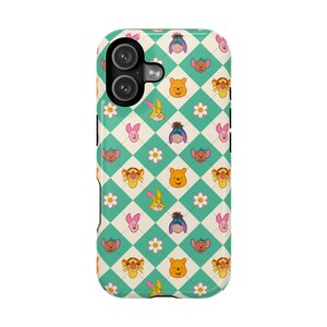 May include: A phone case with a repeating pattern of Winnie the Pooh characters on a green and white diamond background. The case includes images of Pooh, Piglet, Tigger, Eeyore, and Rabbit, along with white daisy flowers.