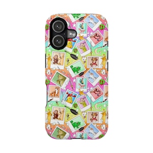May include: A colorful phone case featuring a repeating pattern of cartoon characters in polaroid-style frames. The background has a rainbow gradient with stars, swords, and other whimsical elements. The case has a dual-lens camera cutout.