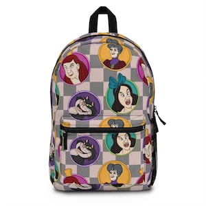 May include: A backpack with a repeating pattern of cartoon character portraits in circular frames. The frames are set against a gray and white checkered background. The backpack has a black top handle and a front zippered pocket.