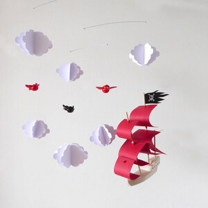 Mobile for baby pirate ship red wooden and paper with white clouds and birds in fimo image 3