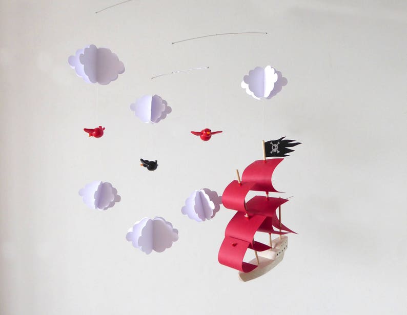 Mobile for baby pirate ship red wooden and paper with white clouds and birds in fimo image 3