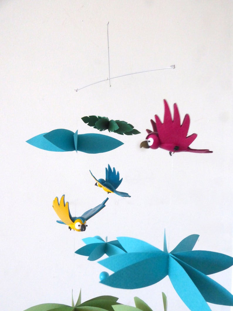 mobile for baby jungle parrots in fimo paste and turquoise green and yellow paper image 2