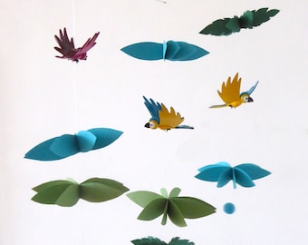 mobile for baby jungle parrots in fimo paste and turquoise green and yellow paper