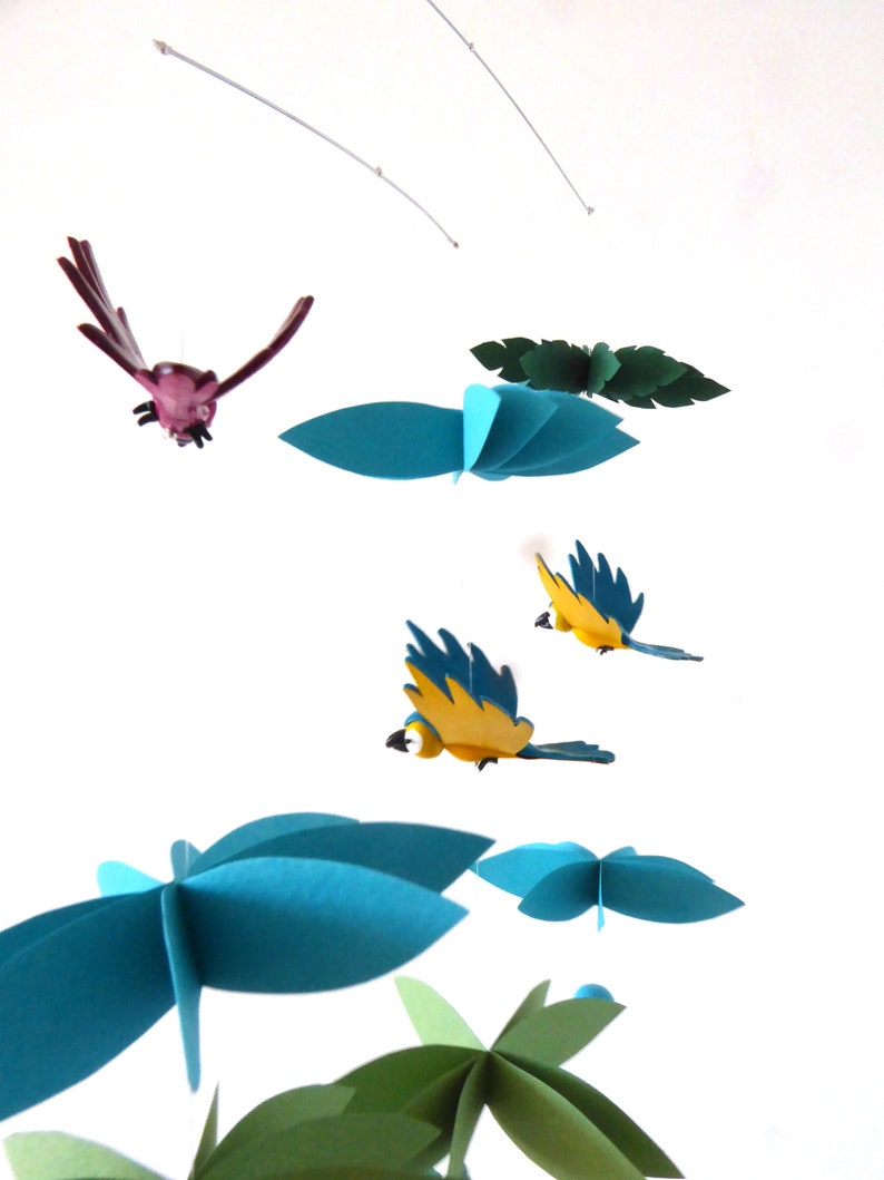 mobile for baby jungle parrots in fimo paste and turquoise green and yellow paper image 5