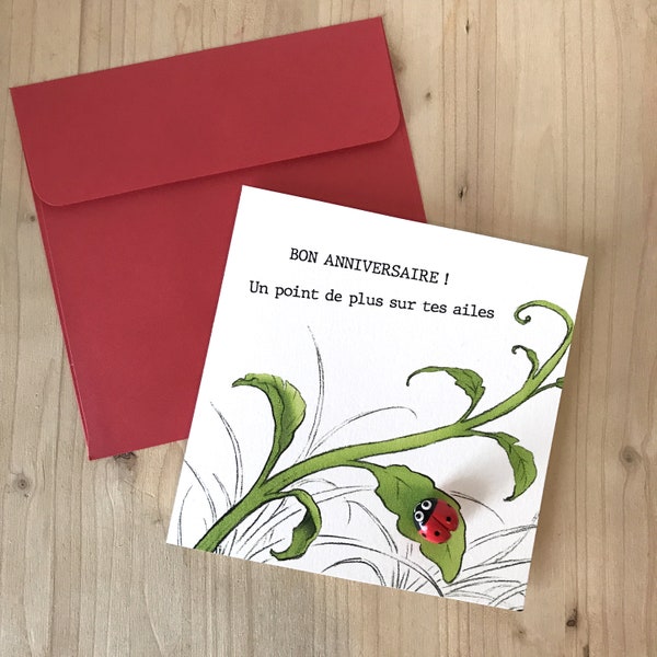 Carte anniversaire avec enveloppe et pin’s coccinelle en fimo rouge