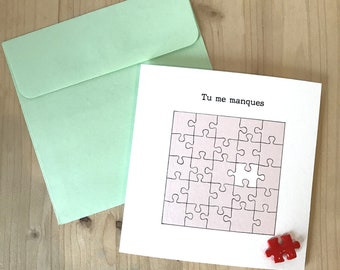 Carte de voeux tu me manques avec enveloppe et pin’s pièce de puzzle en fimo rouge