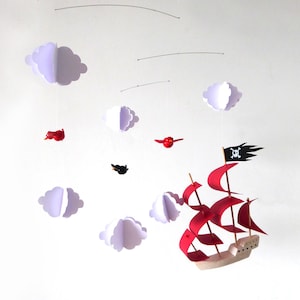 Mobile for baby pirate ship red wooden and paper with white clouds and birds in fimo