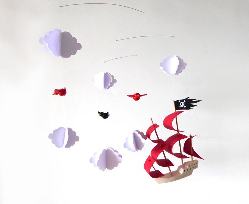 Mobile for baby pirate ship red wooden and paper with white clouds and birds in fimo image 1