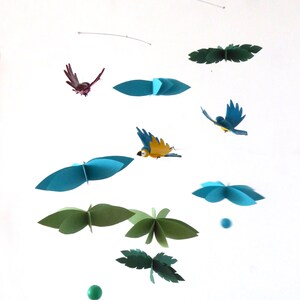 mobile for baby jungle parrots in fimo paste and turquoise green and yellow paper image 4