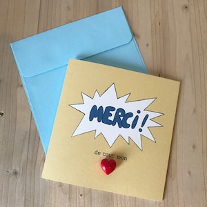 Carte de remerciement avec enveloppe et pin's en fimo petit coeur rouge