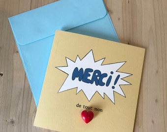 Carte de remerciement avec enveloppe et pin's en fimo petit coeur rouge