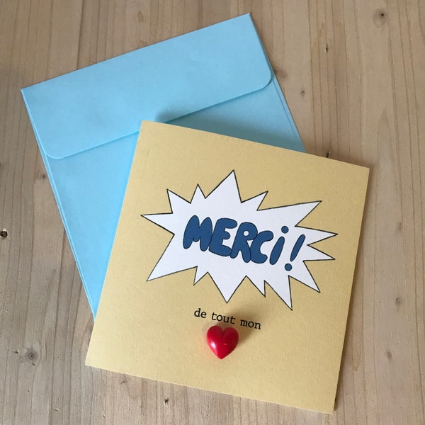 Carte de remerciement avec enveloppe et pin's en fimo petit coeur rouge