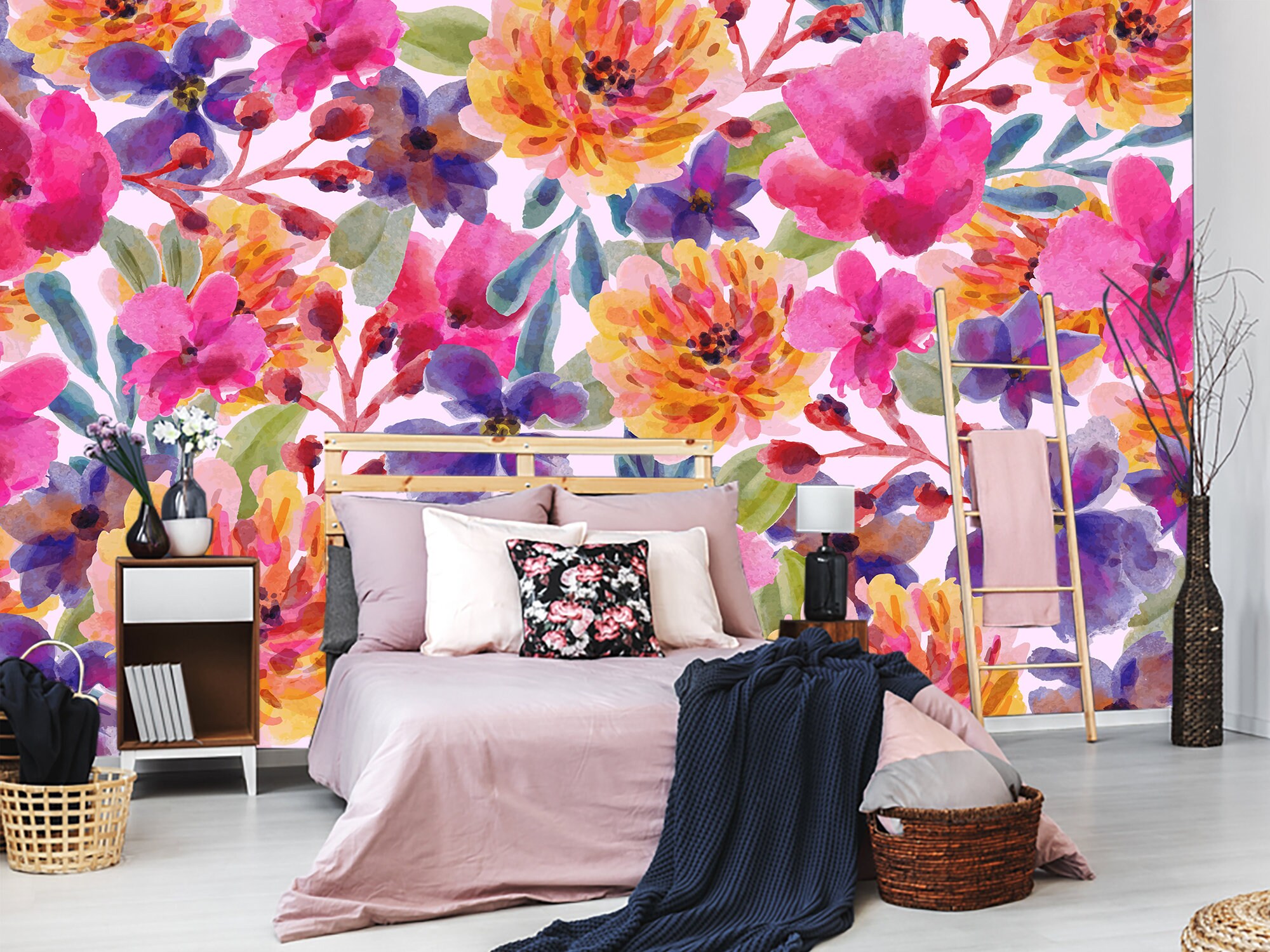 Colorful Floral Wallpaper Flowers Watercolor Self Adhesive Etsy