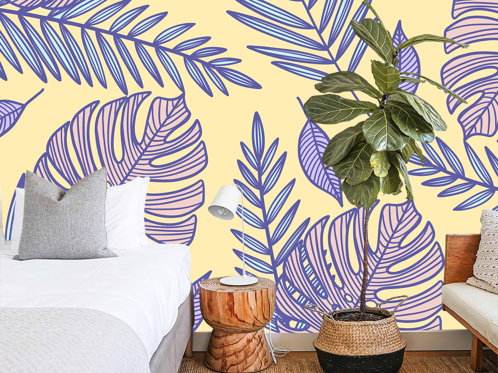 Bathroom Wallpaper Floral Tropical Leaves Drawn Monstera Self Etsy