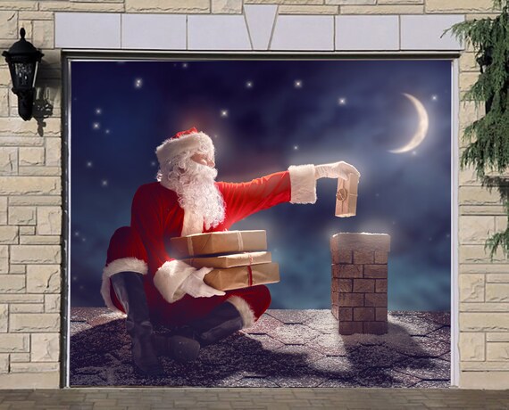 Holiday Outdoor Decoration Merry Christmas Banner For Single Car Garage Door Cover Mural Santa Claus Gift Garage Door Decor Ng44