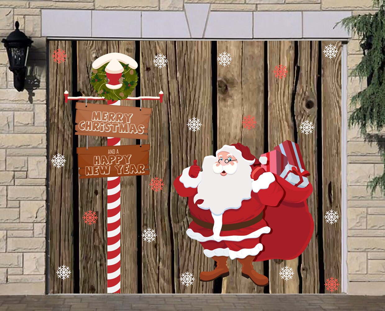 Nicht gewebtes rotes banner frohe weihnachten schneeflocken santa