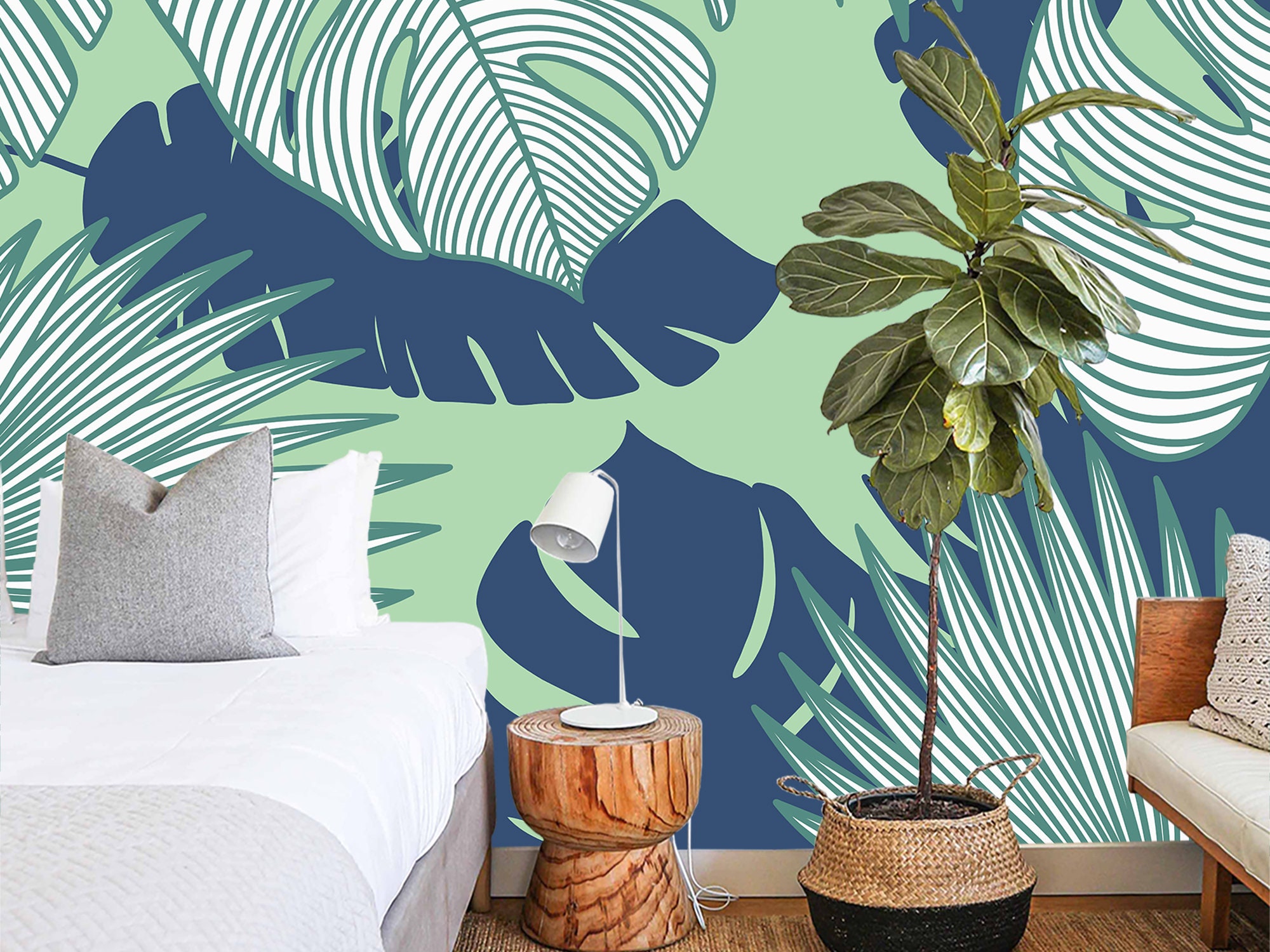 Bathroom Wallpaper Floral Tropical Leaves GreenMonstera Self Etsy