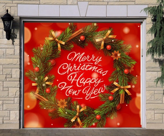 Merry Christmas Sign Christmas Garage Door Cover Christmas Door Wreath Murals Outdoor Holiday Decor Single Garage Door Banner