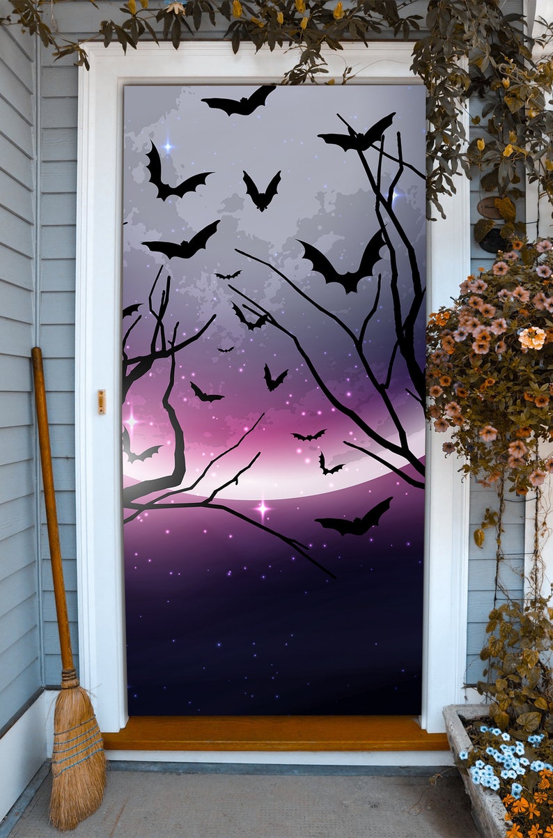 The Bats Halloween Banner Outdoor Decor Front Door Cover Etsy