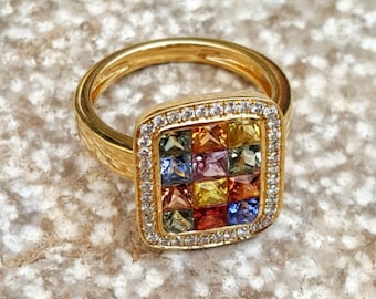 18k solid Gold Diamonds Choshen Ring, with multi color Sapphires, Gold Hoshen Ring with Diamonds and Gemstones, Judaica jewelry,