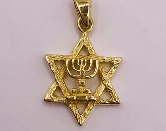 14k Gold Menorah over Star of David pendant, filigree unisex gold necklace, Israel jewelry,