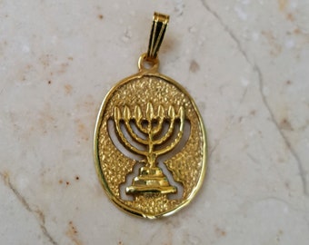 14k solid Gold Menorah pendant, (necklace), oval frame 7 lamp menorah, Judaica jewelry,