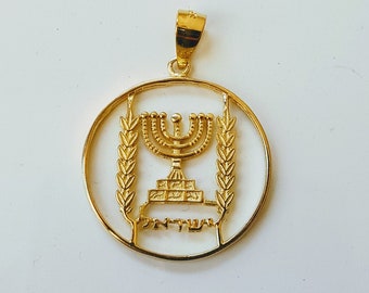 14k Gold Emblem of Israel Signet pendant, classic Menorah Necklace, Hebrew symbol, Judaica jewelry,