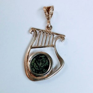David Harp Necklace, silver, pendant, set, with ancient Widow&#39;s Mite bronze coin. Israel Jewelry.