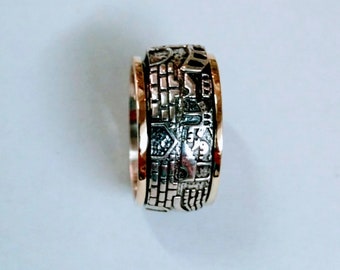 Jerusalem ring, Sterling silver embossing, with 14k gold borders, Judaica jewelry,