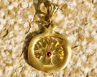 14K Gold Tree of Life over ancient style pomegranate Pendant, with Ruby Gemstone in the center, Israel jewelry,