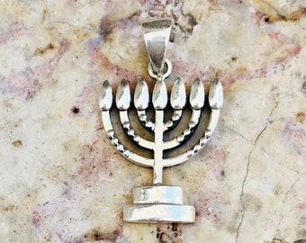 14k solid white Gold Menorah pendant, 7 lamp gold unisex Menorah Necklace, Judaica jewelry, Israel necklaces,