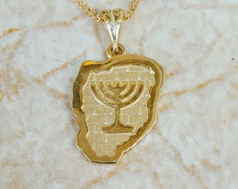 14k solid Gold embossed 7 lamp temple Menorah Pendant, on ancient Israel map over Jerusalem stones motif background, Jewish necklace, Bible,