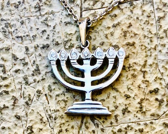 Menorah pendant, 14k solid white Gold and 0.14ct diamonds, 7 lamp Menorah unisex Necklace, Israel jewelry,