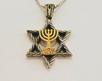 9k solid Gold Menorah over Sterling silver Star of David Necklace, Jewish necklaces, Israel jewelry,