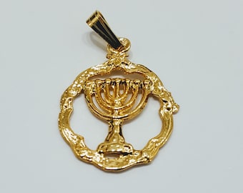 14k solid Gold, Menorah pendant, round frame 7 lamp, Jewish necklace, Judaica,