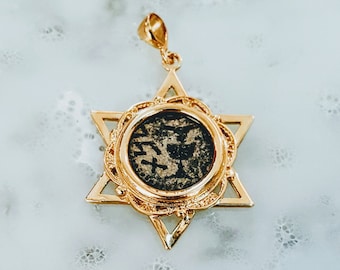Solid 14k Gold star of David Pendant with Genuine Ancient "Freedom of Zion" Coin, Authentic Israel Coin Jewelry, Jewish necklace,