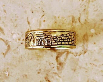 18k gold Jerusalem ring, artisan Jerusalem motif, Judaica jewelry,