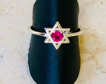 14k White Gold and Natural Ruby Star of David ring, Jewish jewelry,