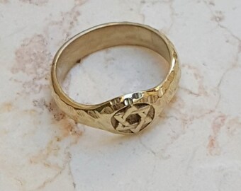 14k Gold Star of David Ring, exclusive design hammered band, Jewish jewelry, Judaica gifts from Israel,