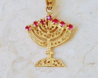 14k solid Gold Menorah Pendant, necklace, double sided filigree, One side red Ruby one side with Turquoise gemstones,