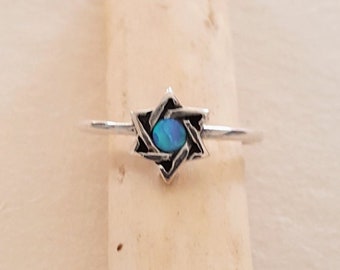 Star of David Ring, Blue Opal, Sterling Silver band, Judaica jewelry, Jewish rings,