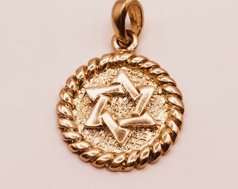 18k solid Gold Star of David Pendant, ancient medallion design, Jewish Necklace, judaica jewelry,