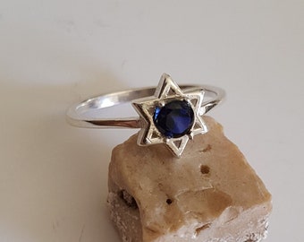 14k White Gold and Sapphire Star of David ring, Jewish ring, judaica jewelry,
