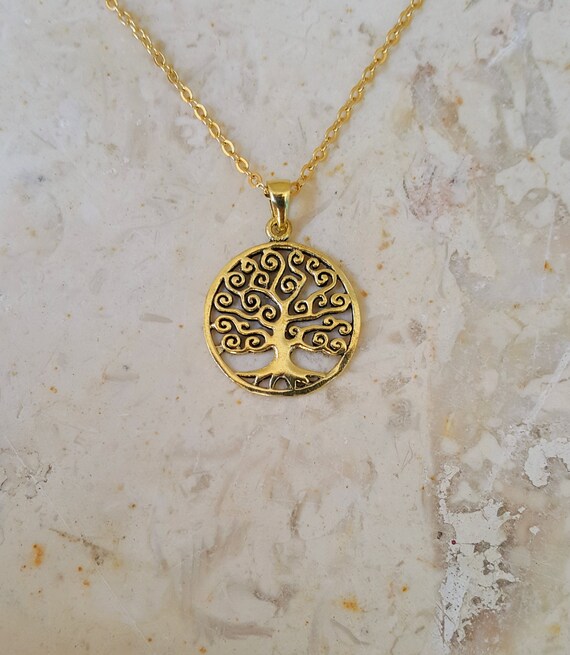14k solid Gold Necklace, Tree of life pendant, round frame, Israel jewelry,