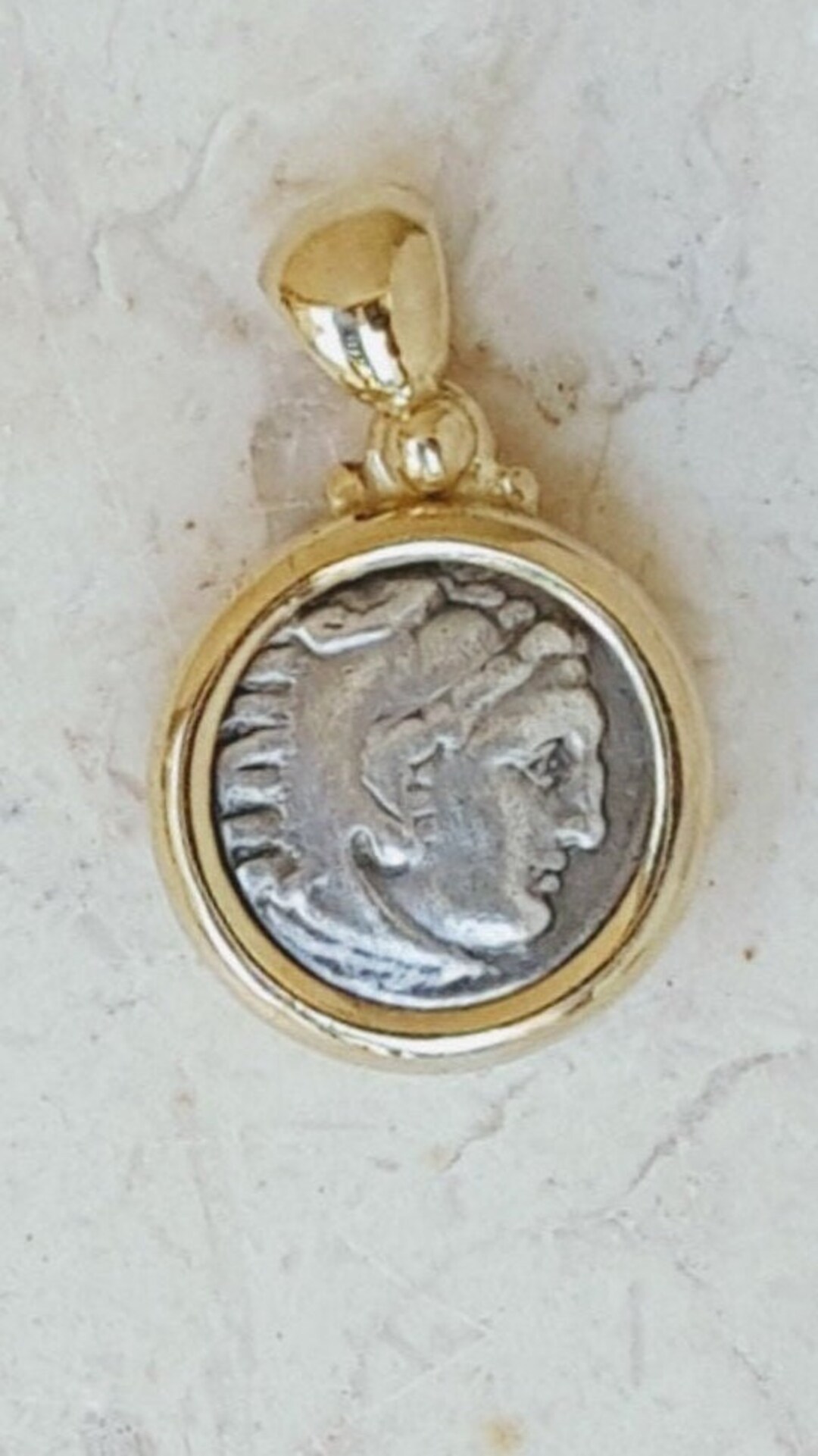 Alexander the Great Necklace, Ancient Genuine Silver Coin From Israel Set in 18k Gold Frame