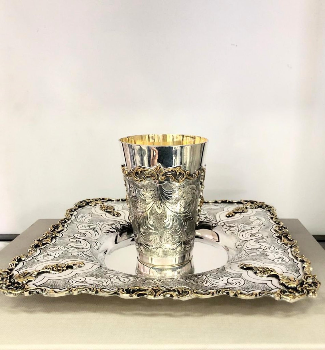 Kiddush Cup and Plate Silver Gold Elegant Kiddush Cup Set Etsy