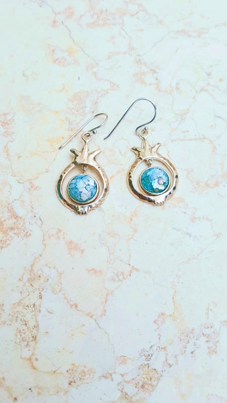 Pamogranet roman glass silver earring israeli design,amazing pamogranet silver earring,gift for her,roman glass jewelry,ancient jewelry