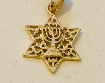 14k Gold Menorah over Star of David pendant, filigree unisex gold necklace, Israel jewelry,